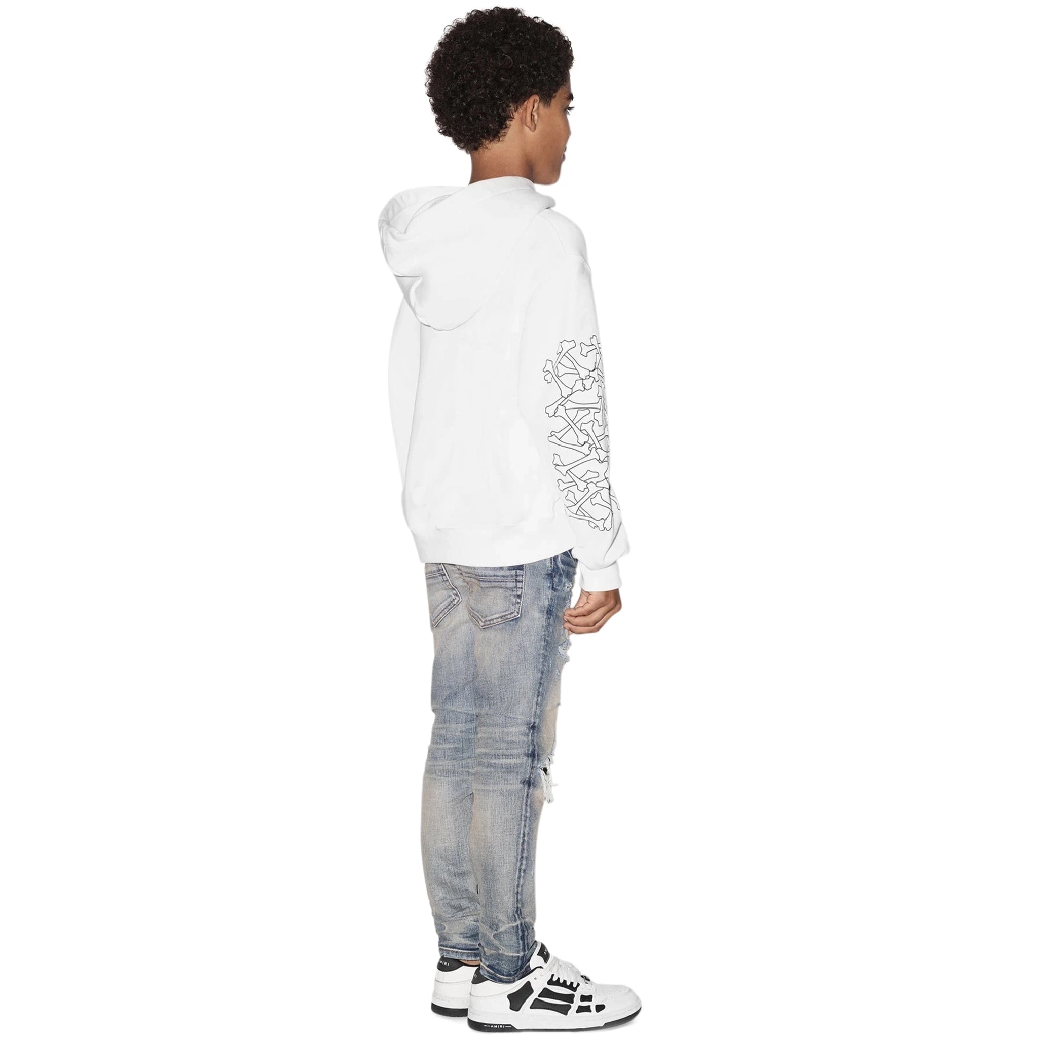 Model back view of Amiri Kids Bones White Hoodie PF22KJL008-100